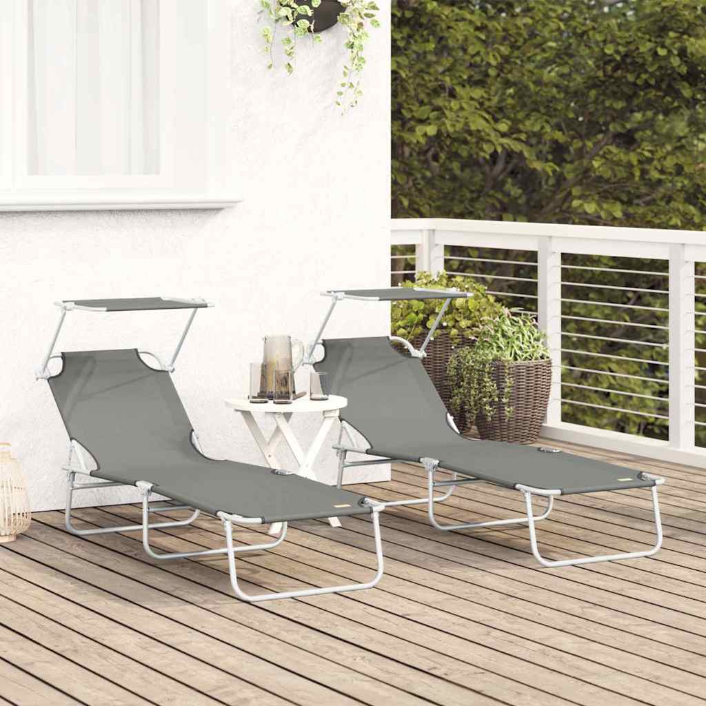 Sun Lounger Folding 2-person 2 pcs Grey 58 x 188 x 77cm Fabric