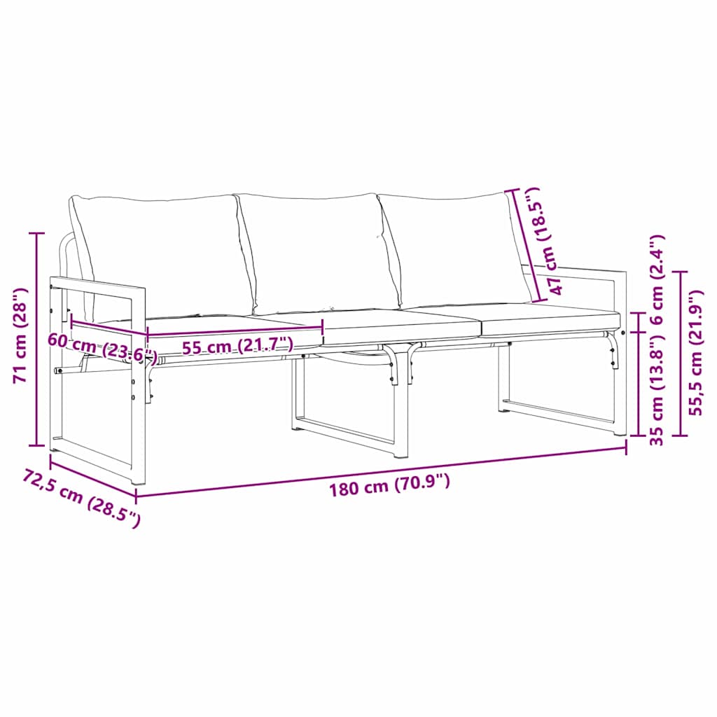 Garden Furniture with Cushion Black 180 x 72.5 x 71 cm Steel