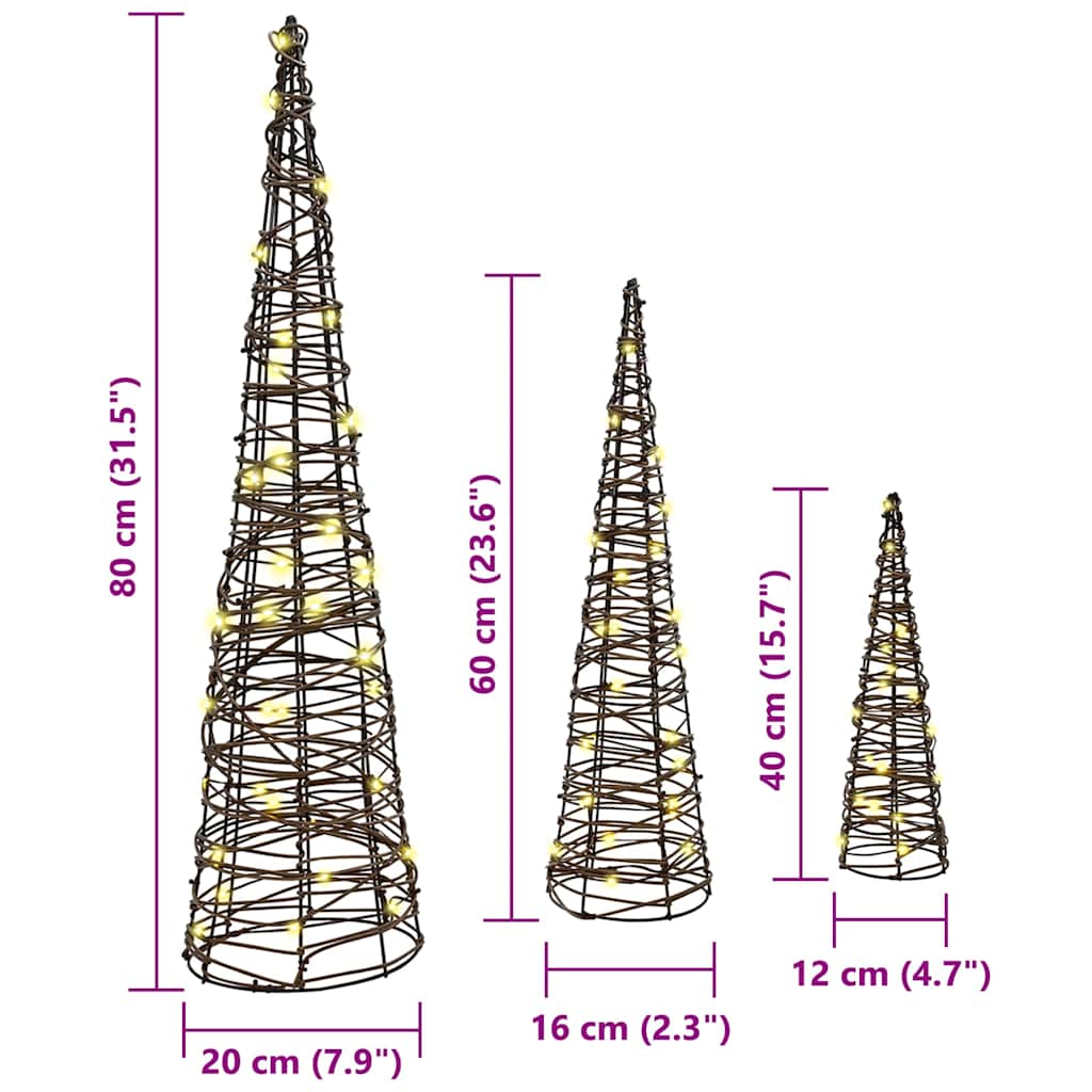 Christmas Tree 3 pcs Warm white 20 x 20 x 80 cm Rattan