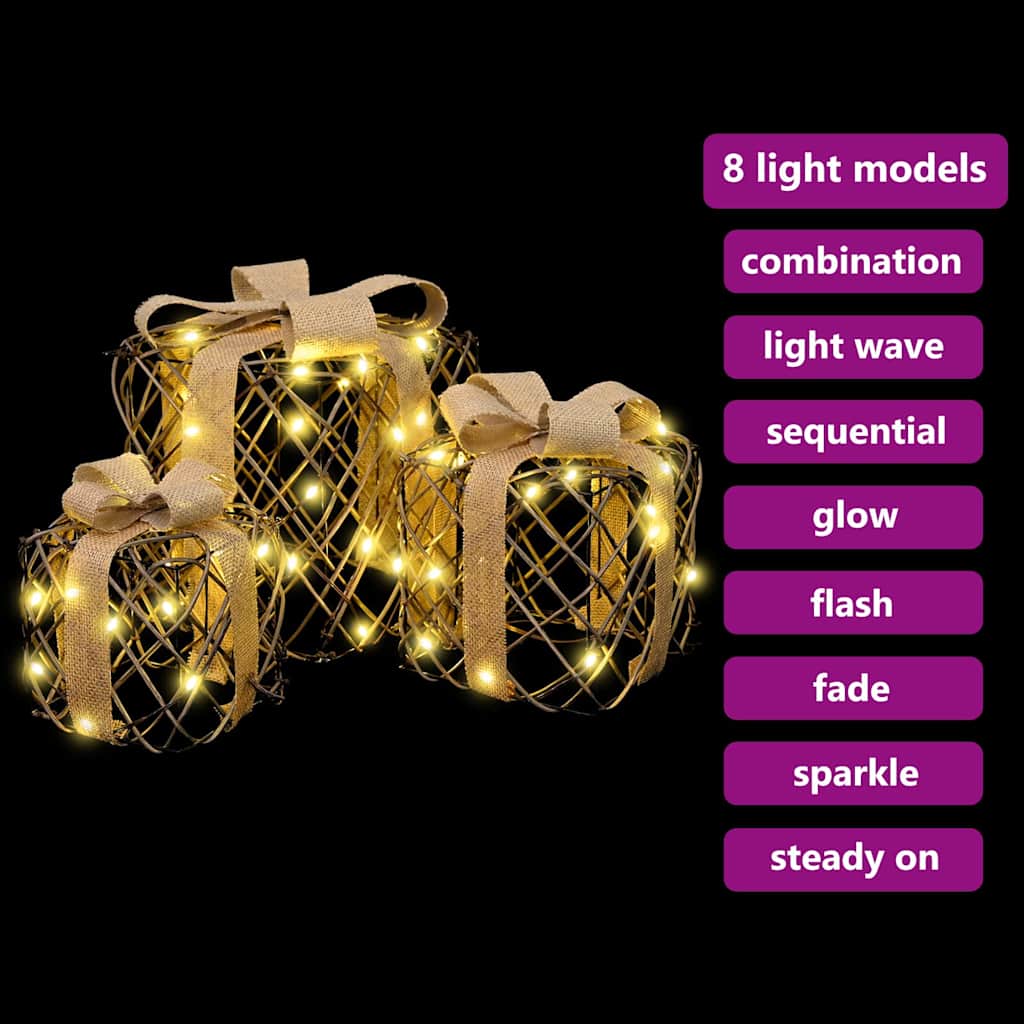 Gift Box with 60 LEDs 3 pcs Warm white 20 x 20 x 20 cm Rattan