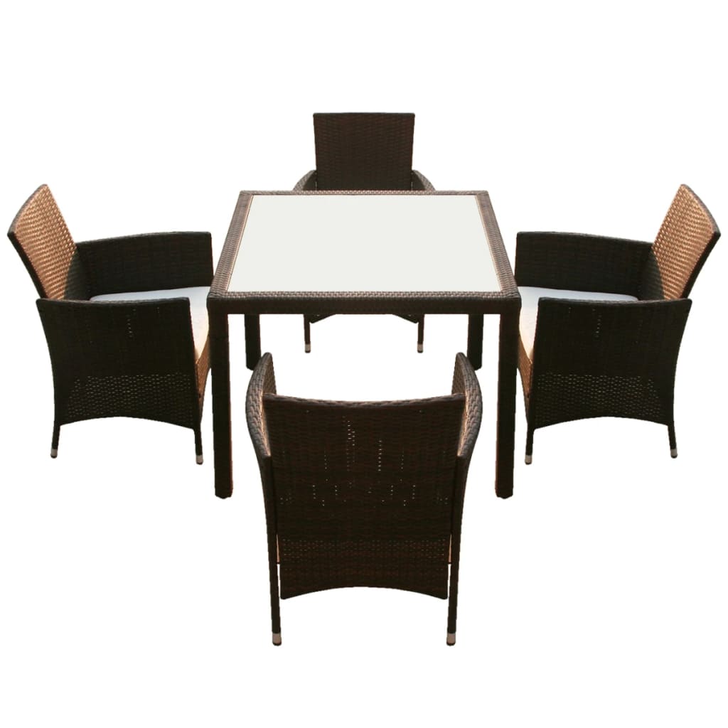 5 Piece Outdoor Dining Set with Cushions Poly Rattan Brown