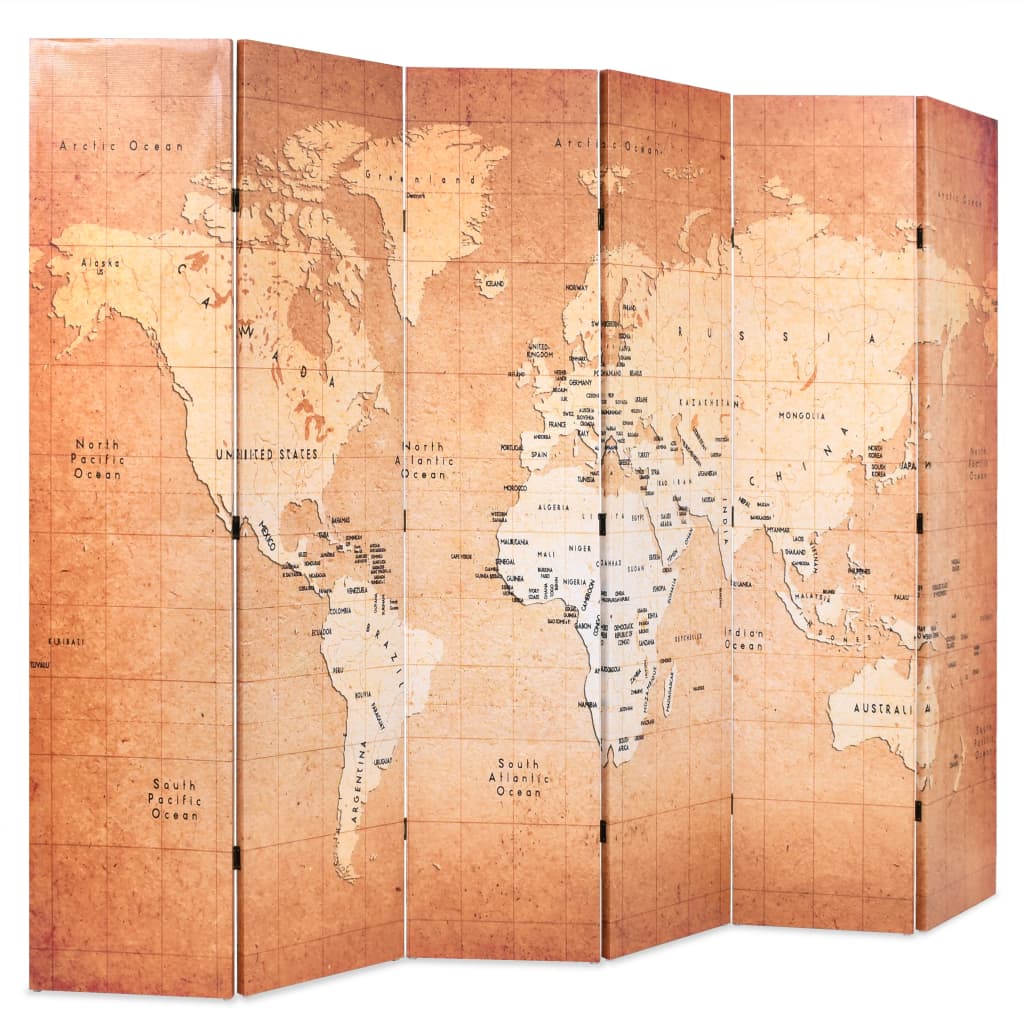 Folding Room Divider 228x170 cm World Map Yellow