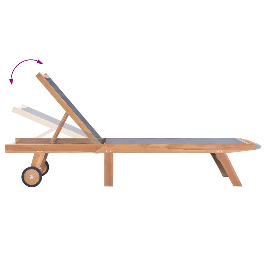 Folding Sun Lounger with Wheels Solid Teak and Textilene