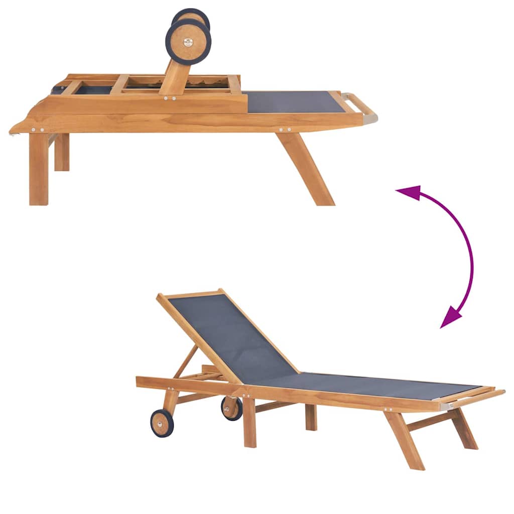 Folding Sun Lounger with Wheels Solid Teak and Textilene