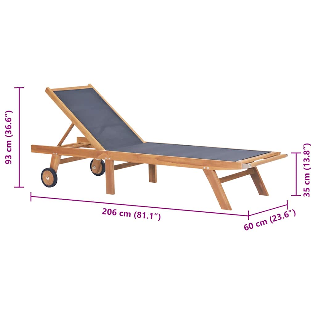 Folding Sun Lounger with Wheels Solid Teak and Textilene