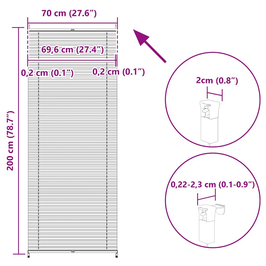 Plisse Blind 70x200cm White Pleated Blind