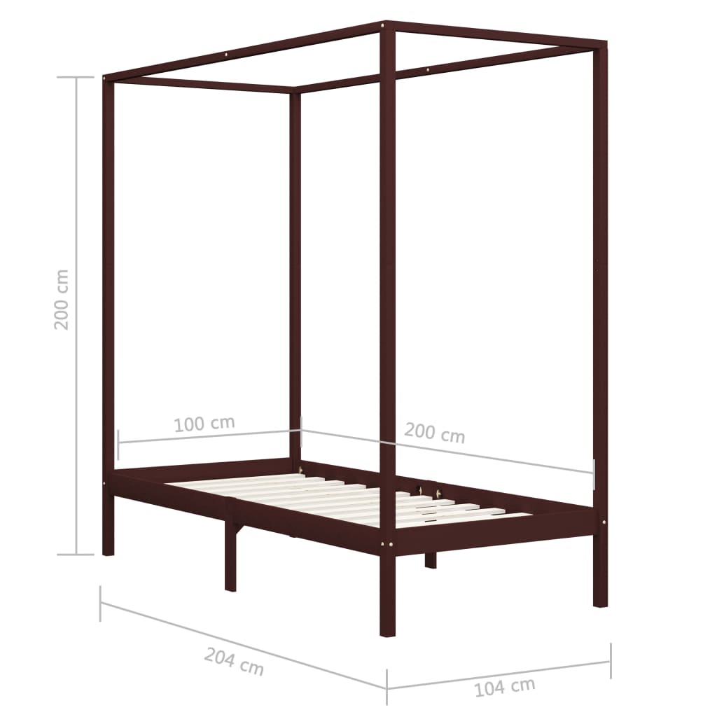 Canopy Bed Frame without Mattress Dark Brown Solid Wood 100x200cm