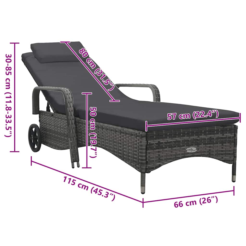 Sun Lounger with Wheels Poly Rattan Grey