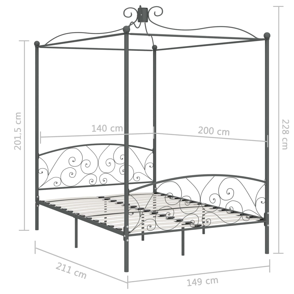 284483 vidaXL Canopy Bed Frame without Mattress Grey Metal 140x200 cm