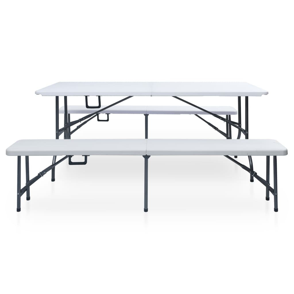 Folding Garden Table with 2 Benches 180 cm Steel and HDPE White