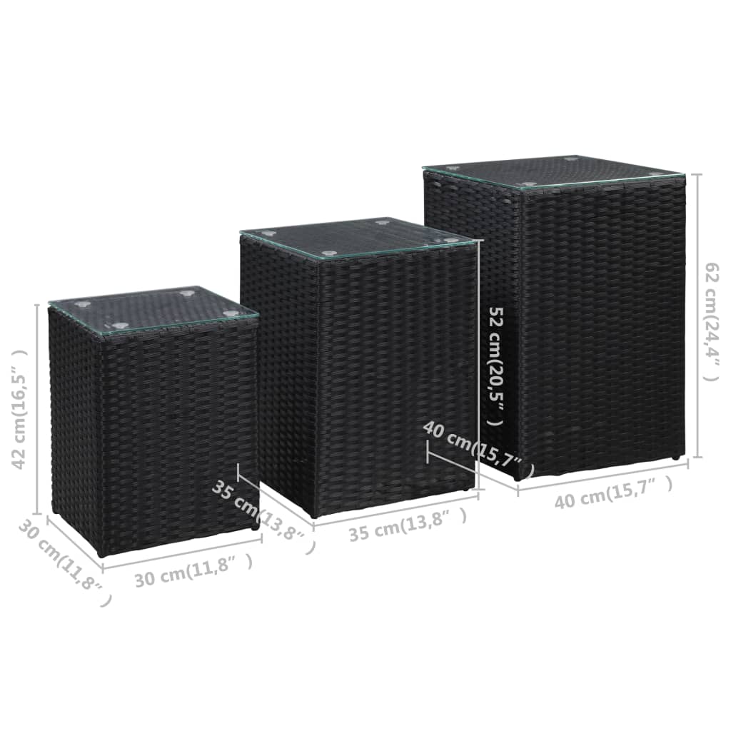 Side Tables 3 pcs with Glass Top Black Poly Rattan
