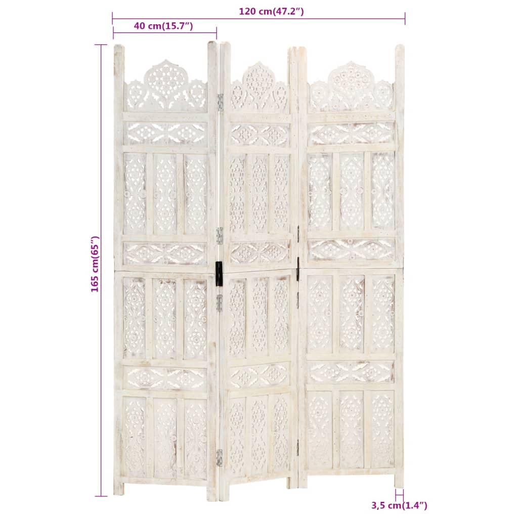 Hand carved 3-Panel Room Divider White 120x165 cm Solid Mango Wood