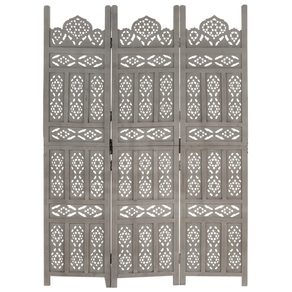 Hand carved 3-Panel Room Divider Grey 120x165 cm Solid Mango Wood