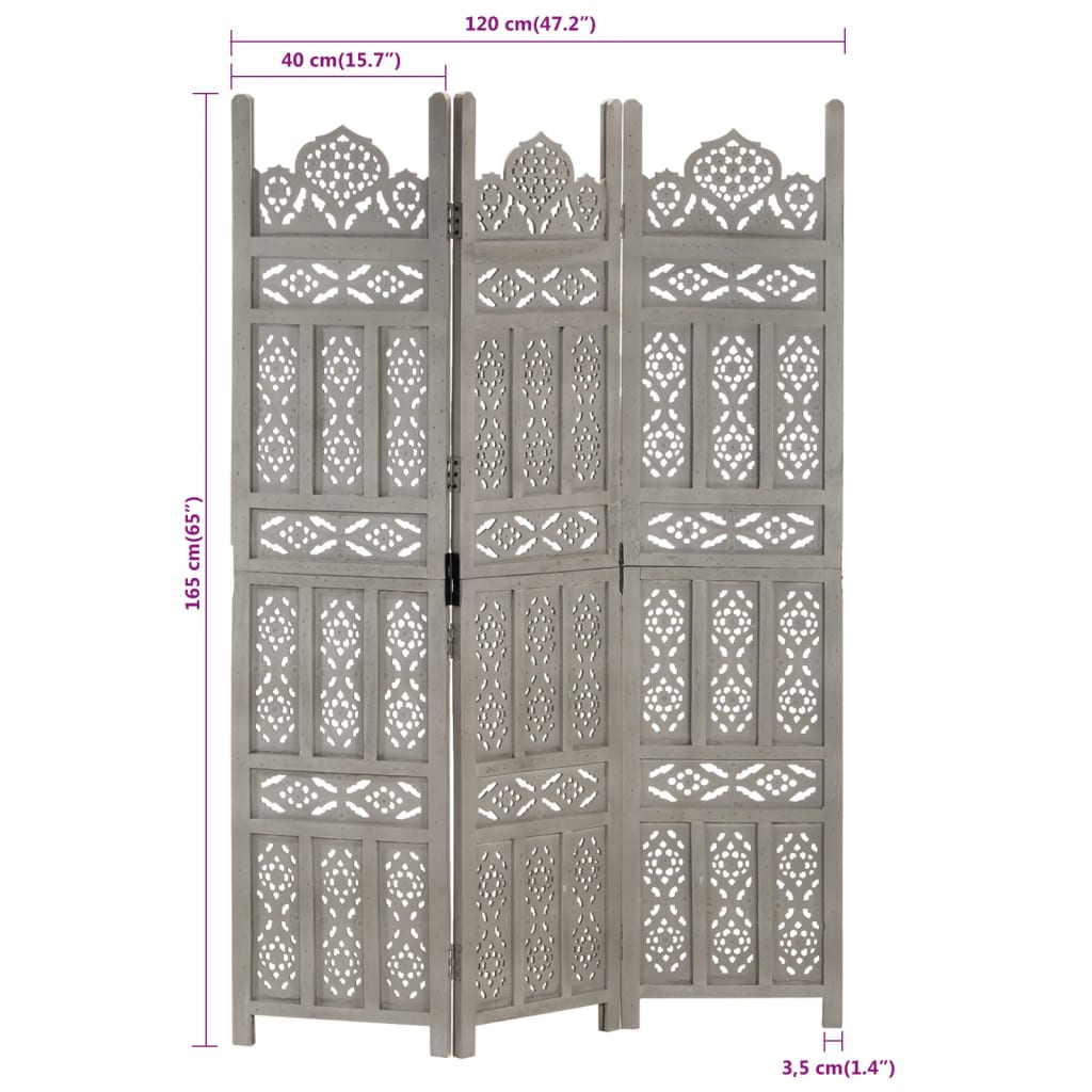 Hand carved 3-Panel Room Divider Grey 120x165 cm Solid Mango Wood