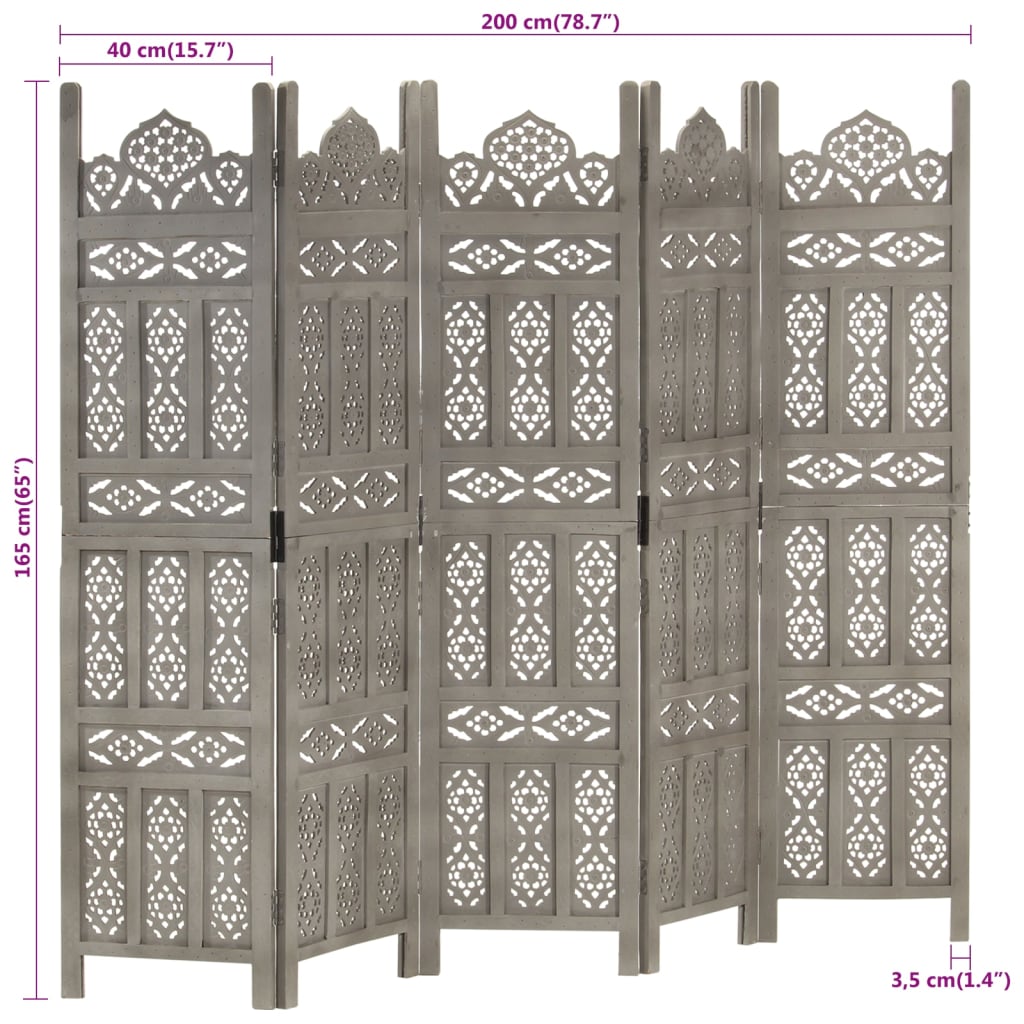 Hand carved 5-Panel Room Divider Grey 200x165 cm Solid Mango Wood