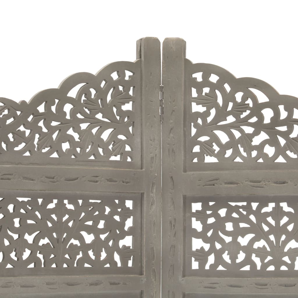 Hand carved 4-Panel Room Divider Grey 160x165 cm Solid Mango Wood