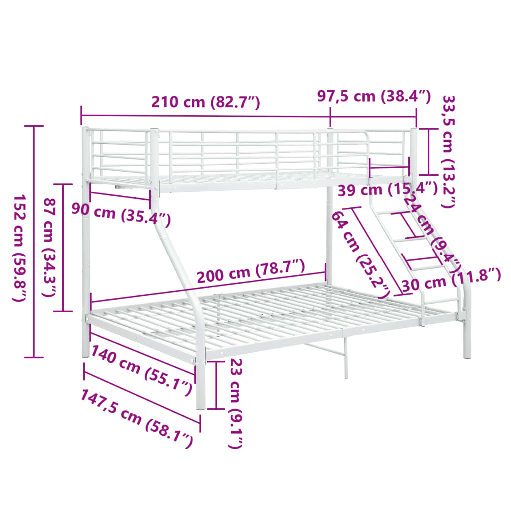 Bunk Bed Frame without Mattress White Metal 140x200 cm/90x200 cm