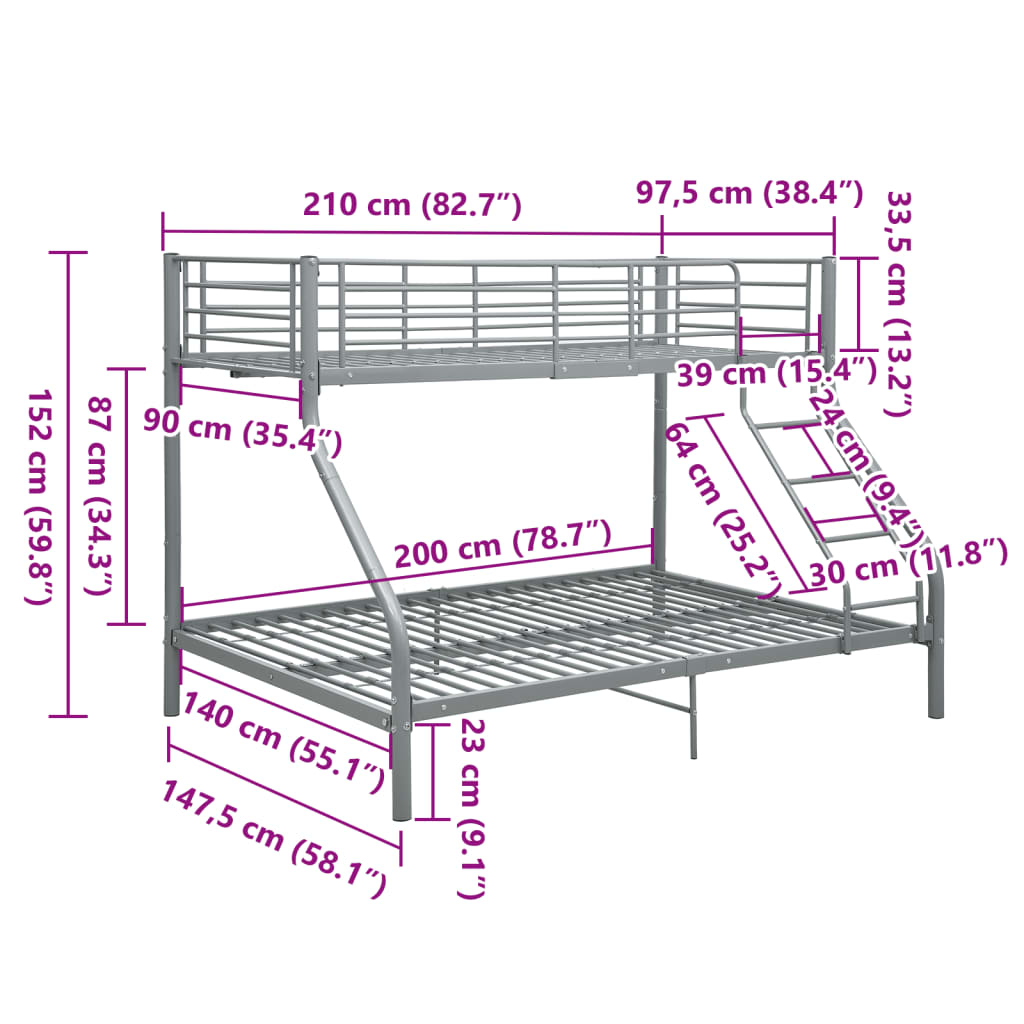 Bunk Bed Frame without Mattress Grey Metal 140x200 cm/90x200 cm