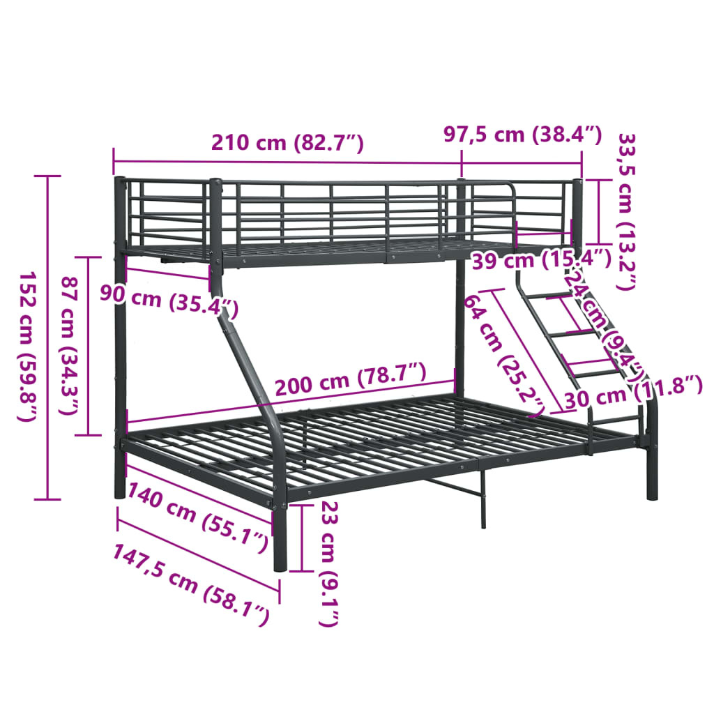 Bunk Bed Frame without Mattress Black Metal 140x200 cm/90x200 cm