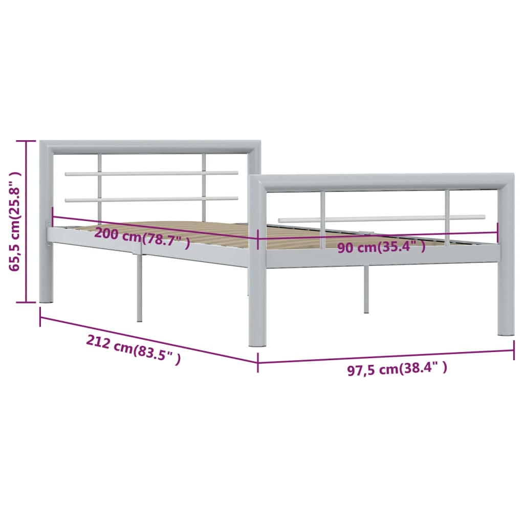 Bed Frame without Mattress Grey and White Metal 90x200 cm