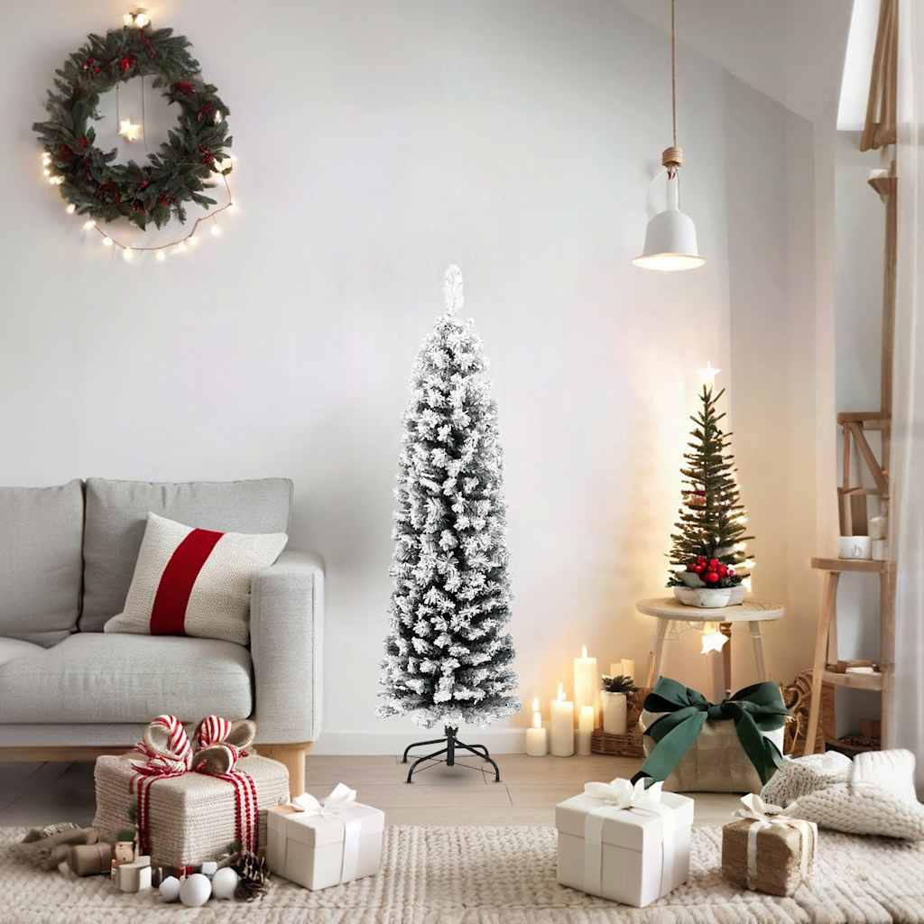 Slim Artificial Christmas Tree with Flocked Snow Green 150 cm PVC