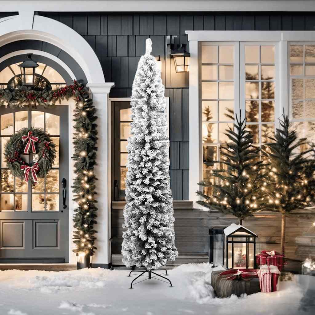 Slim Artificial Christmas Tree with Flocked Snow Green 210 cm PVC