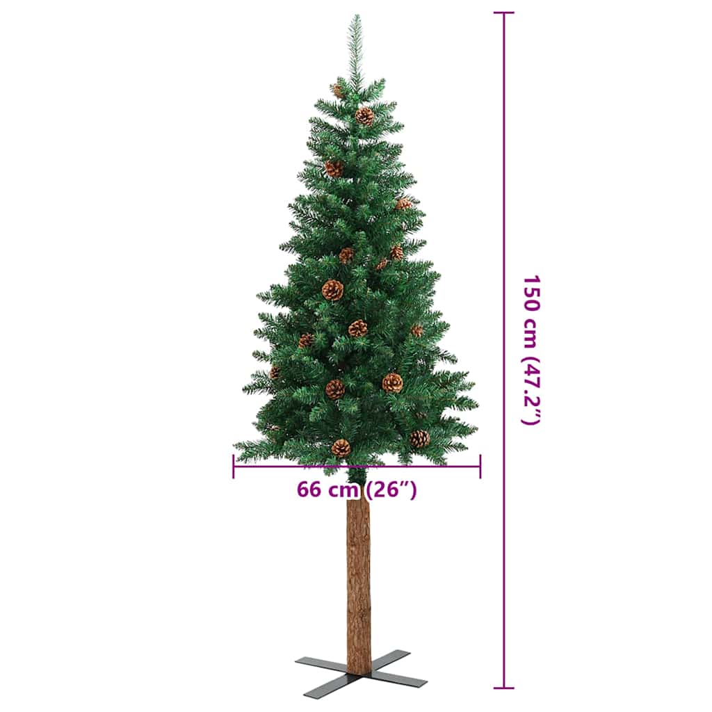 Slim Christmas Tree with Real Wood and Cones Green 150 cm PVC