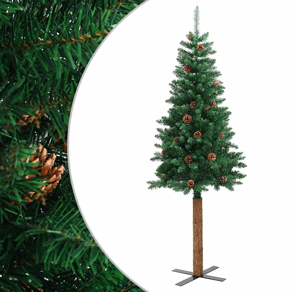 Slim Christmas Tree with Real Wood and Cones Green 180 cm PVC