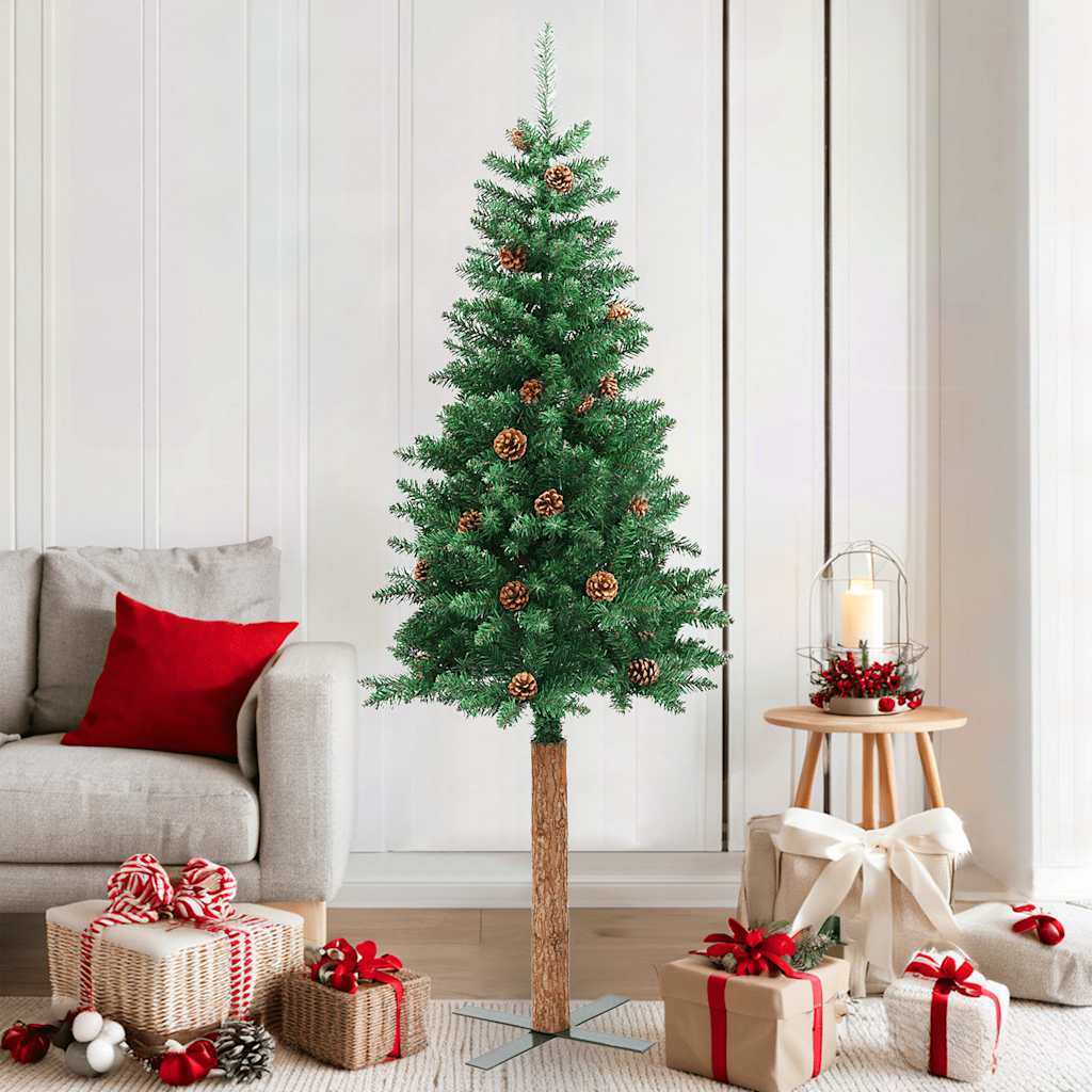 Slim Christmas Tree with Real Wood and Cones Green 180 cm PVC