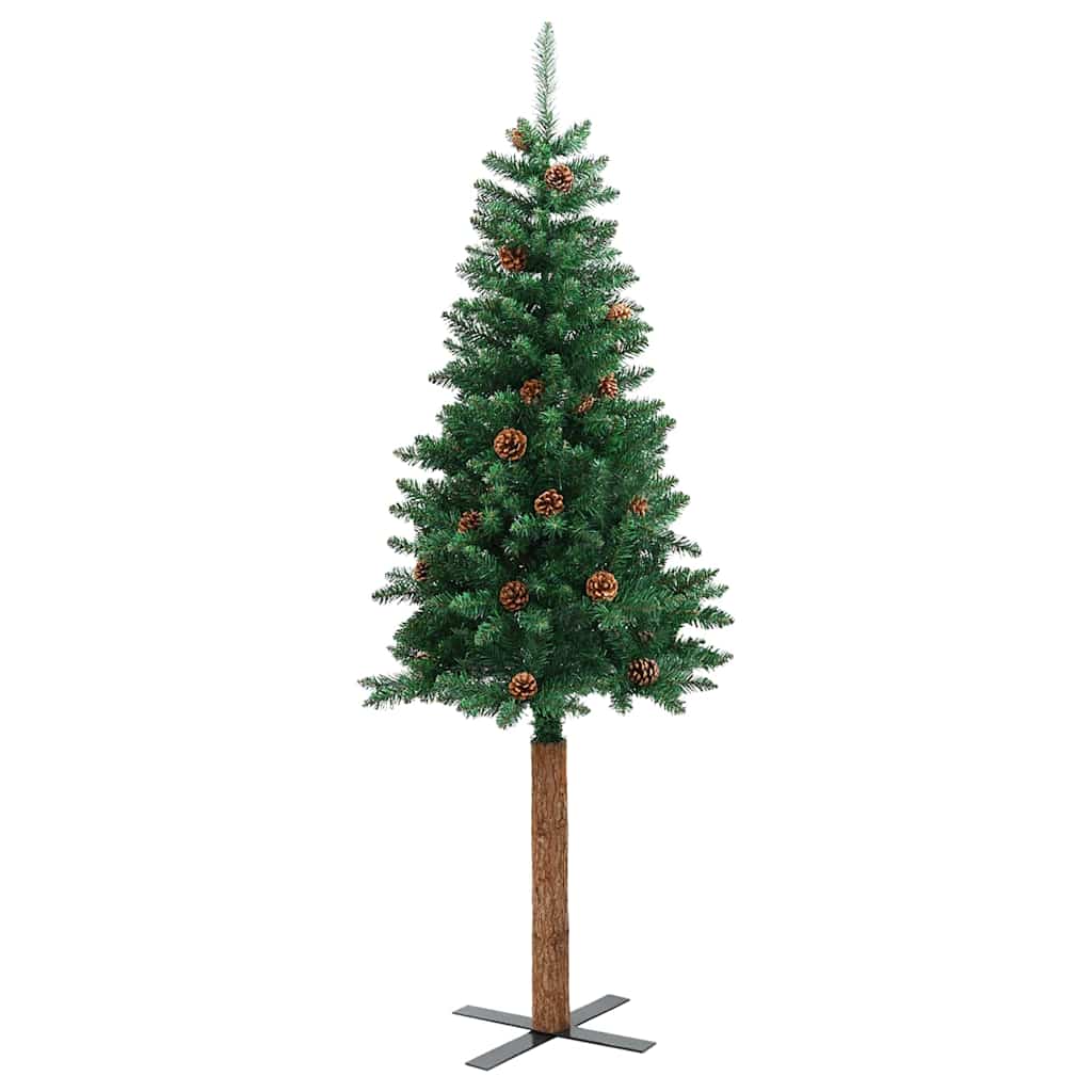 Slim Christmas Tree with Real Wood and Cones Green 210 cm PVC
