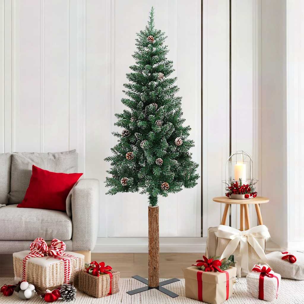 Slim Christmas Tree with Real Wood and White Snow Green 180 cm