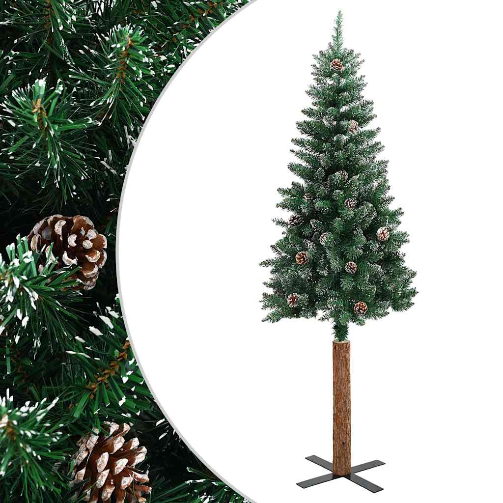 Slim Christmas Tree with Real Wood and White Snow Green 210 cm