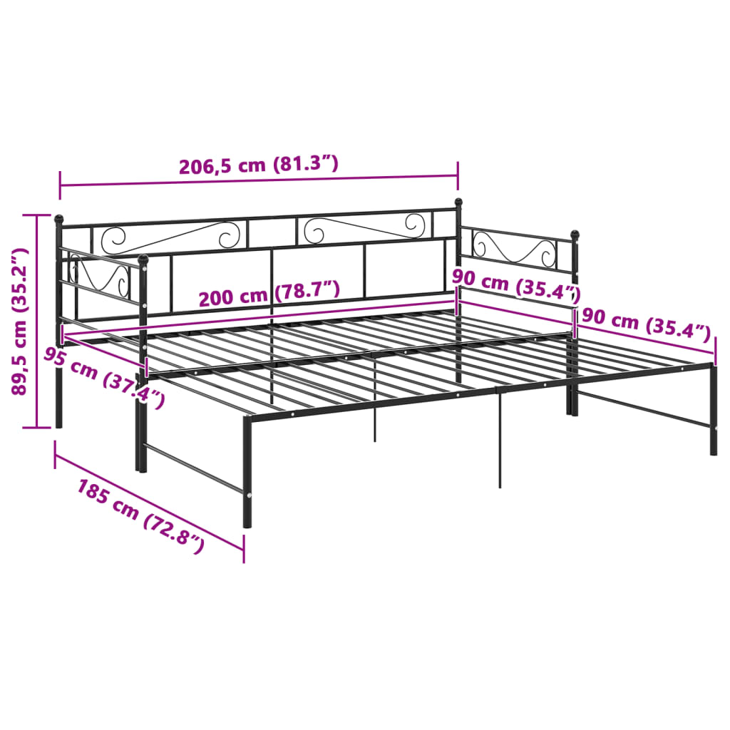 Pull-out Sofa Bed Frame without Mattress Black Metal 90x200 cm