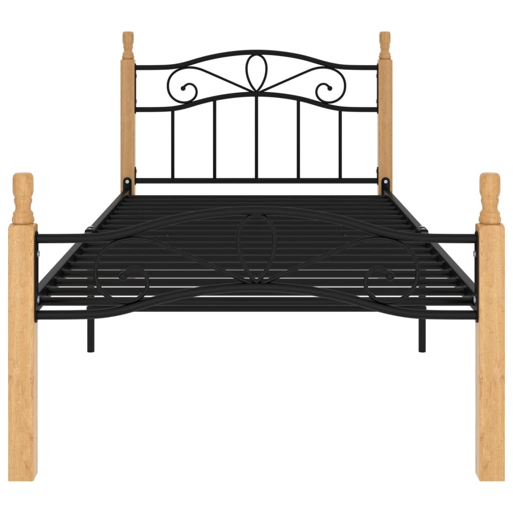 Bed Frame without Mattress Black Metal&Solid Oak Wood 100x200 cm