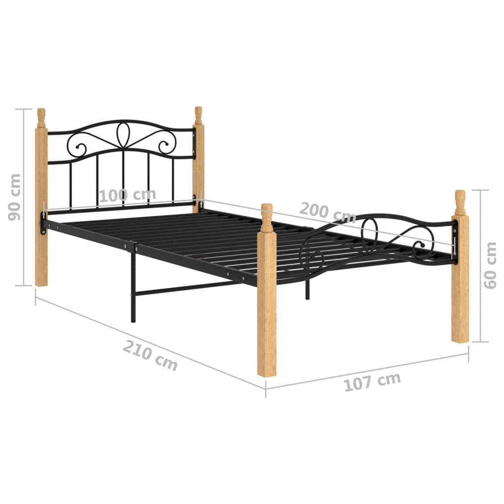 Bed Frame without Mattress Black Metal&Solid Oak Wood 100x200 cm