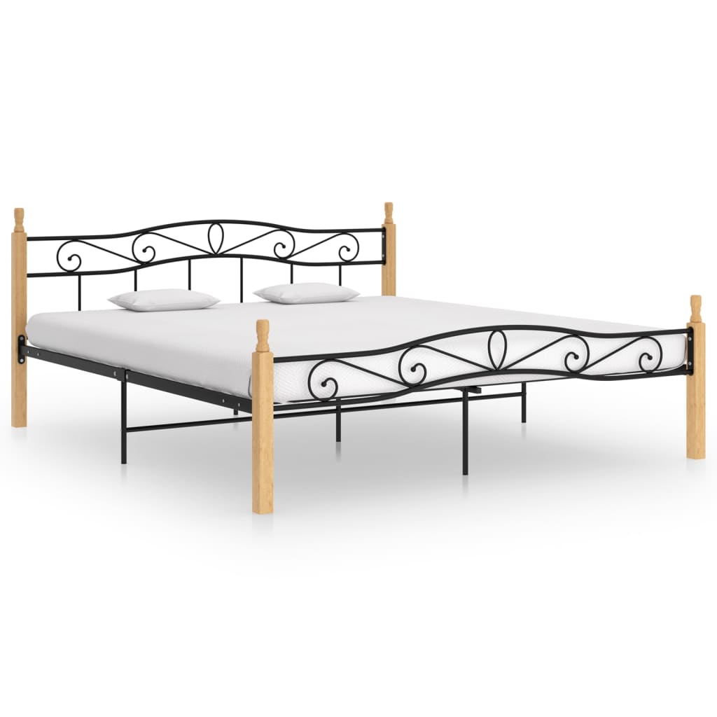Bed Frame without Mattress Black Metal&Solid Oak Wood 200x200 cm