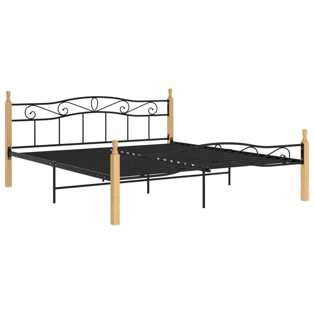 Bed Frame without Mattress Black Metal&Solid Oak Wood 200x200 cm