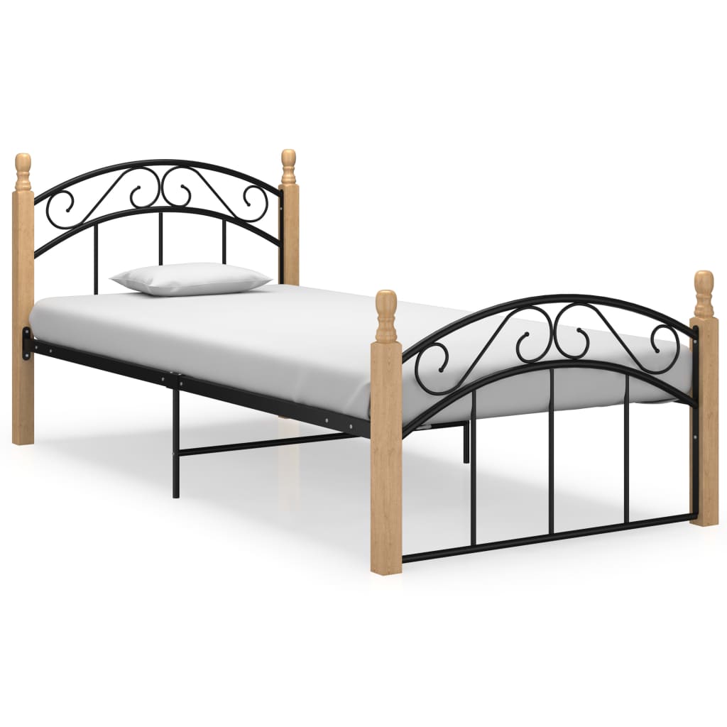 Bed Frame without Mattress Black Metal&Solid Oak Wood 90x200 cm