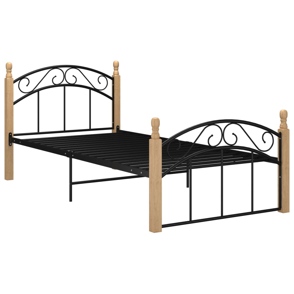 Bed Frame without Mattress Black Metal&Solid Oak Wood 90x200 cm