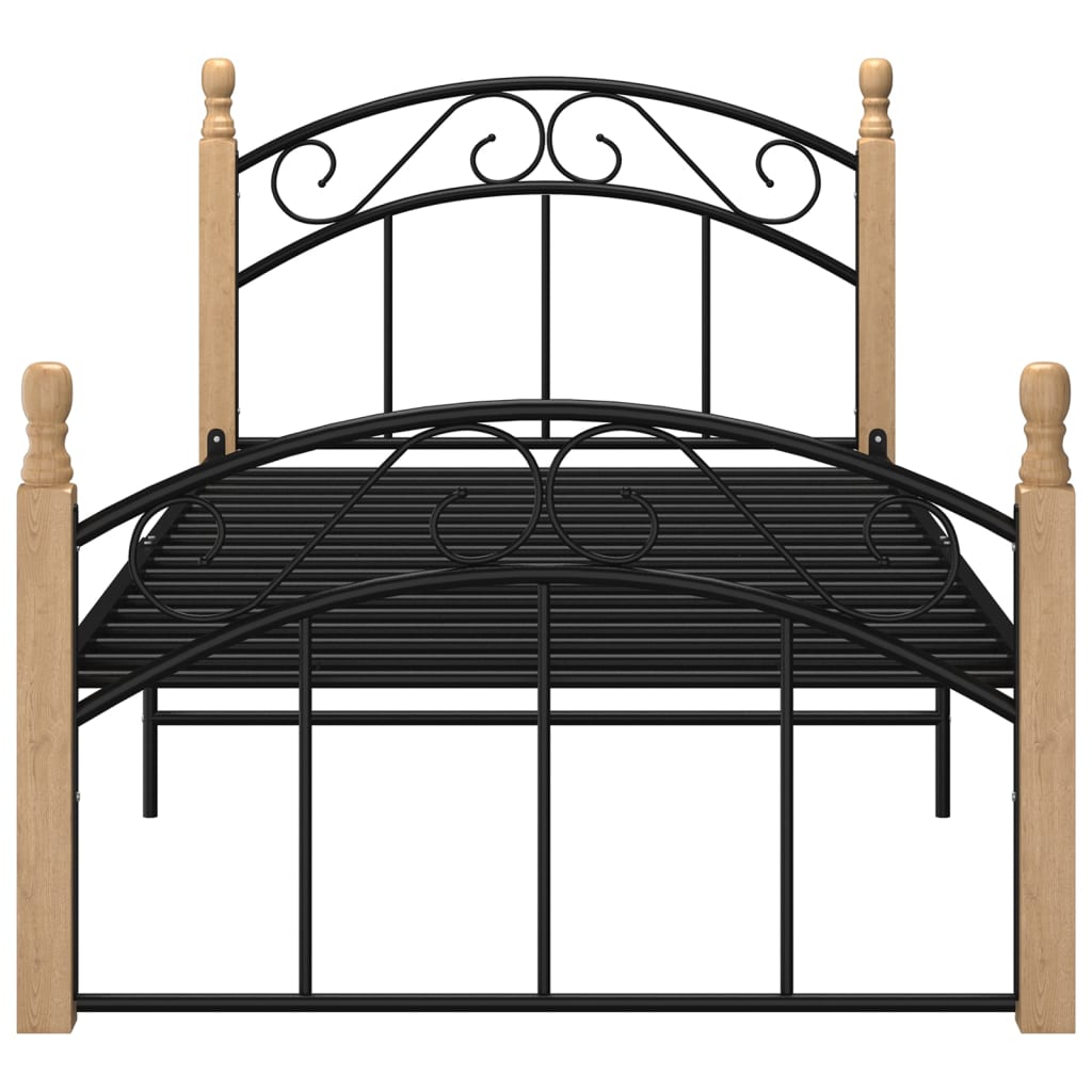 Bed Frame without Mattress Black Metal&Solid Oak Wood 90x200 cm