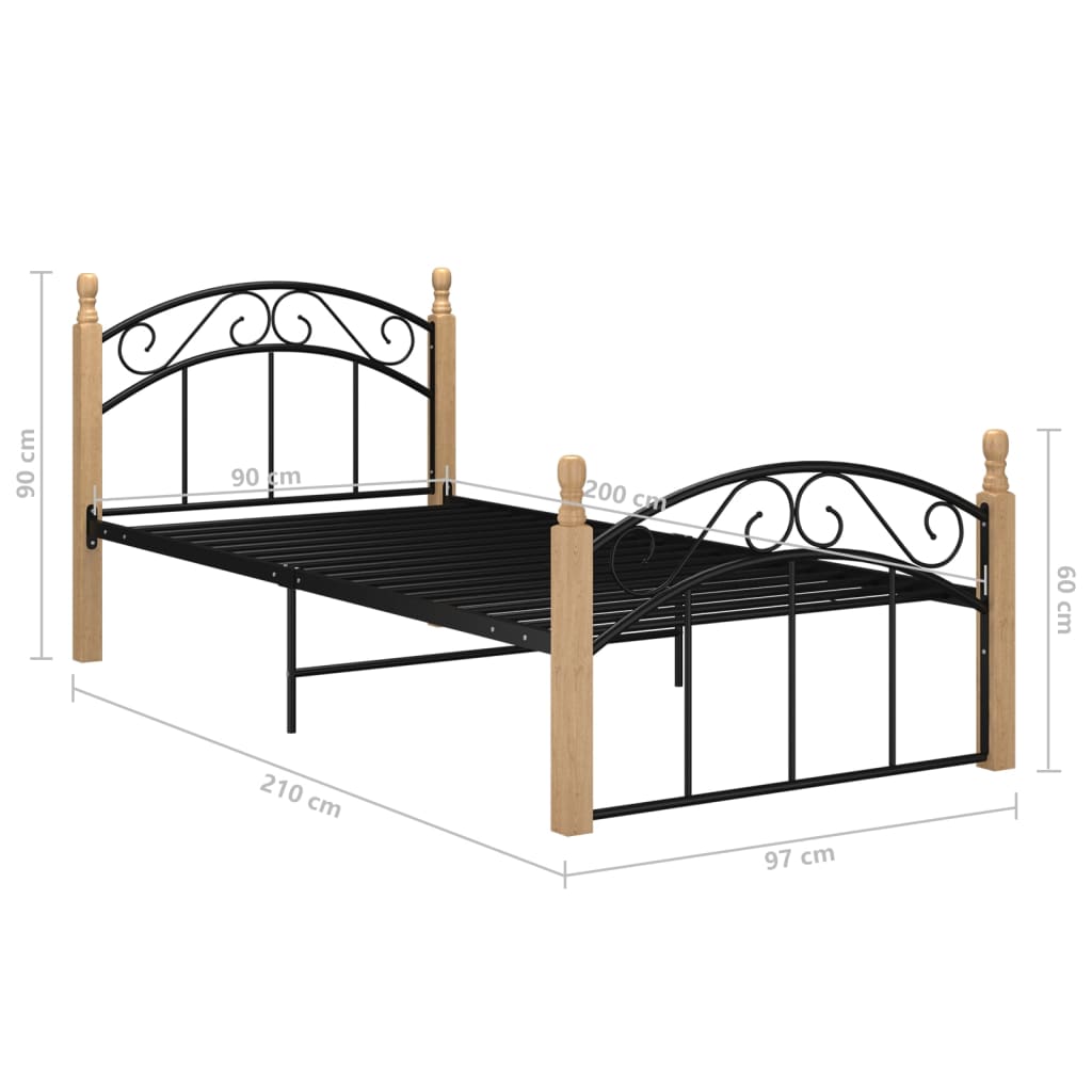 Bed Frame without Mattress Black Metal&Solid Oak Wood 90x200 cm