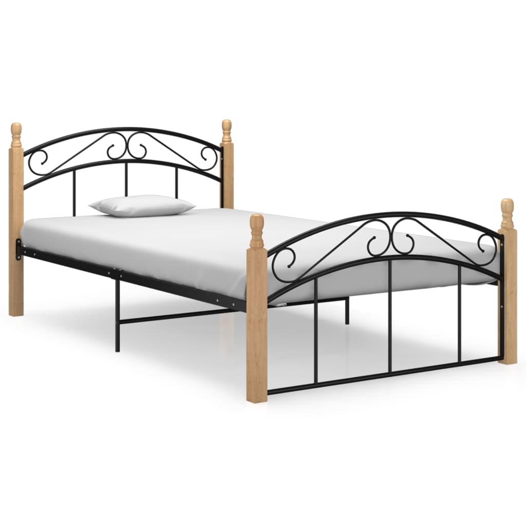 Bed Frame without Mattress Black Metal&Solid Oak Wood 120x200 cm