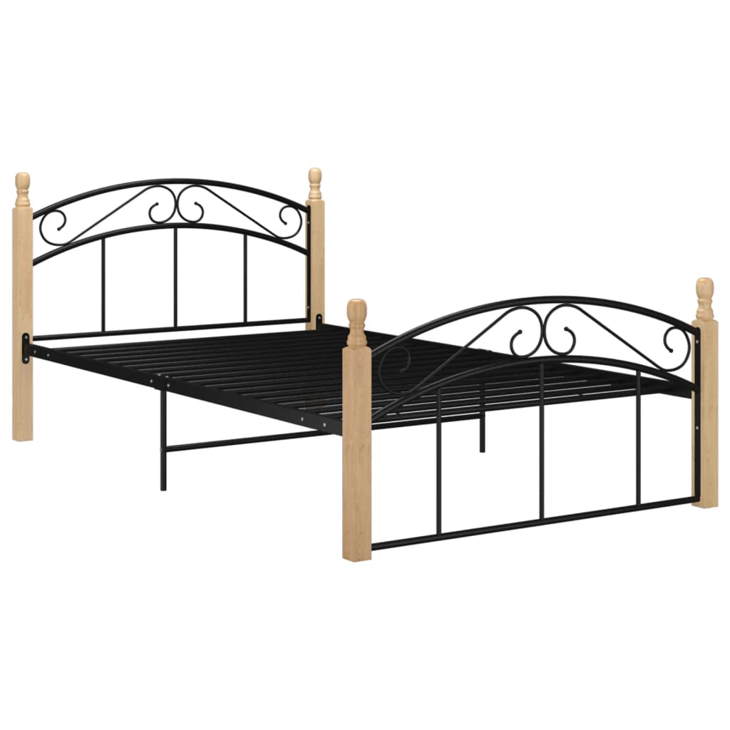 Bed Frame without Mattress Black Metal&Solid Oak Wood 120x200 cm
