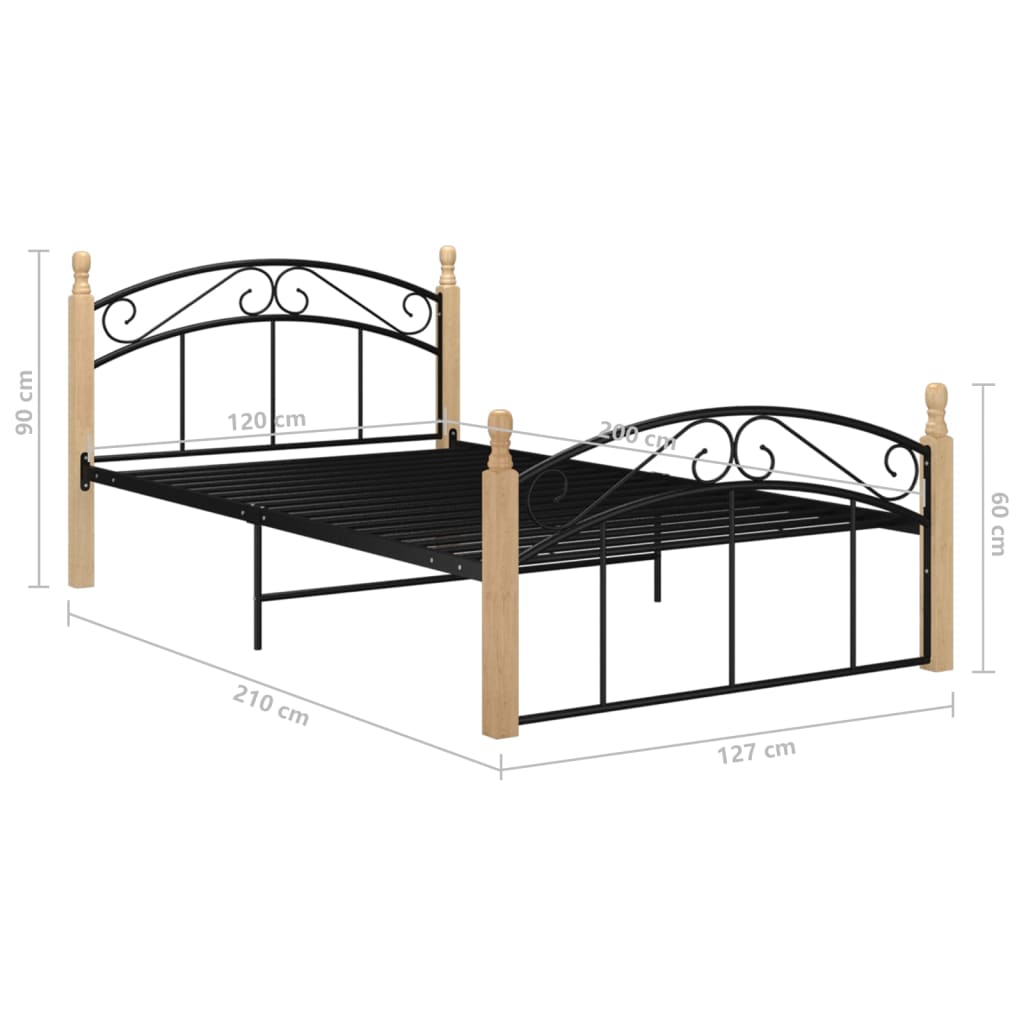 Bed Frame without Mattress Black Metal&Solid Oak Wood 120x200 cm