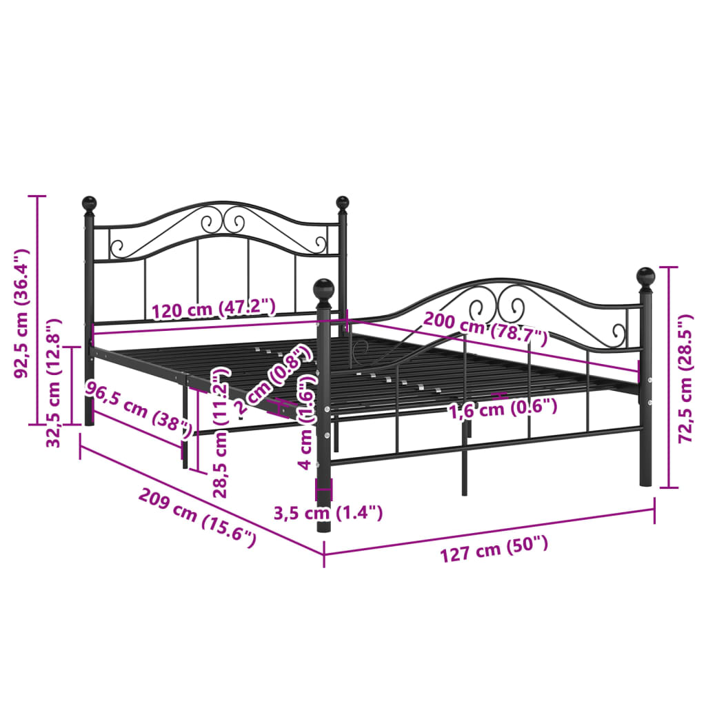 Bed Frame without Mattress Black Metal 120x200 cm
