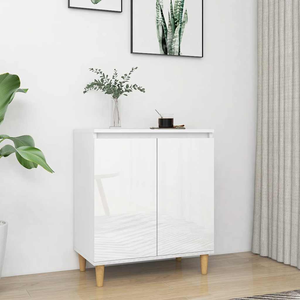Sideboard&Solid Wood Legs High Gloss White 60x35x70cm Engineered Wood