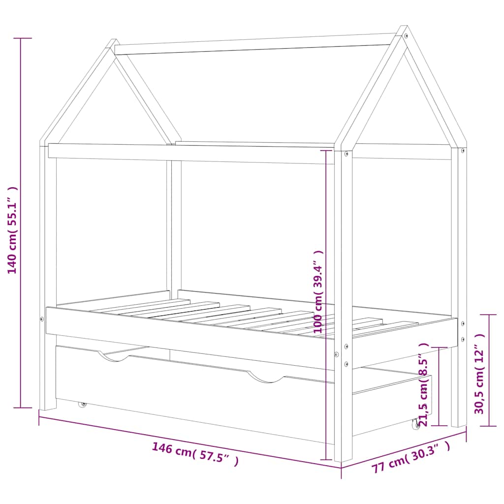 Kids Bed Frame with a Drawer Dark Grey Solid Pine Wood 70x140cm