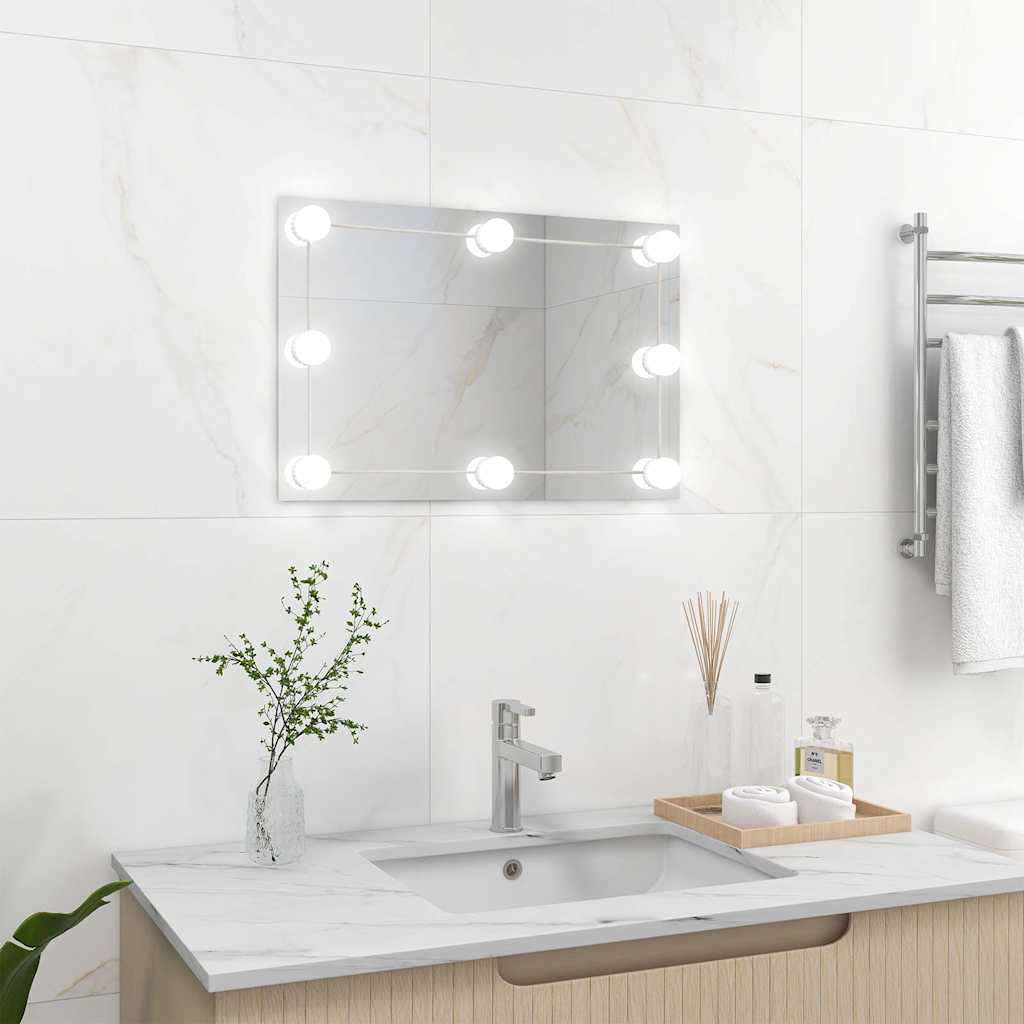 Wall Frameless Mirror With Led Lights Rectangular Glass