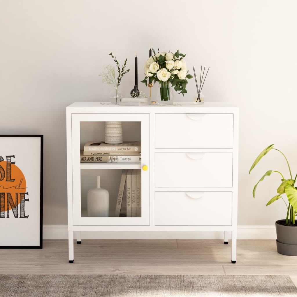 Sideboard White 75x35x70 cm Steel and Tempered Glass