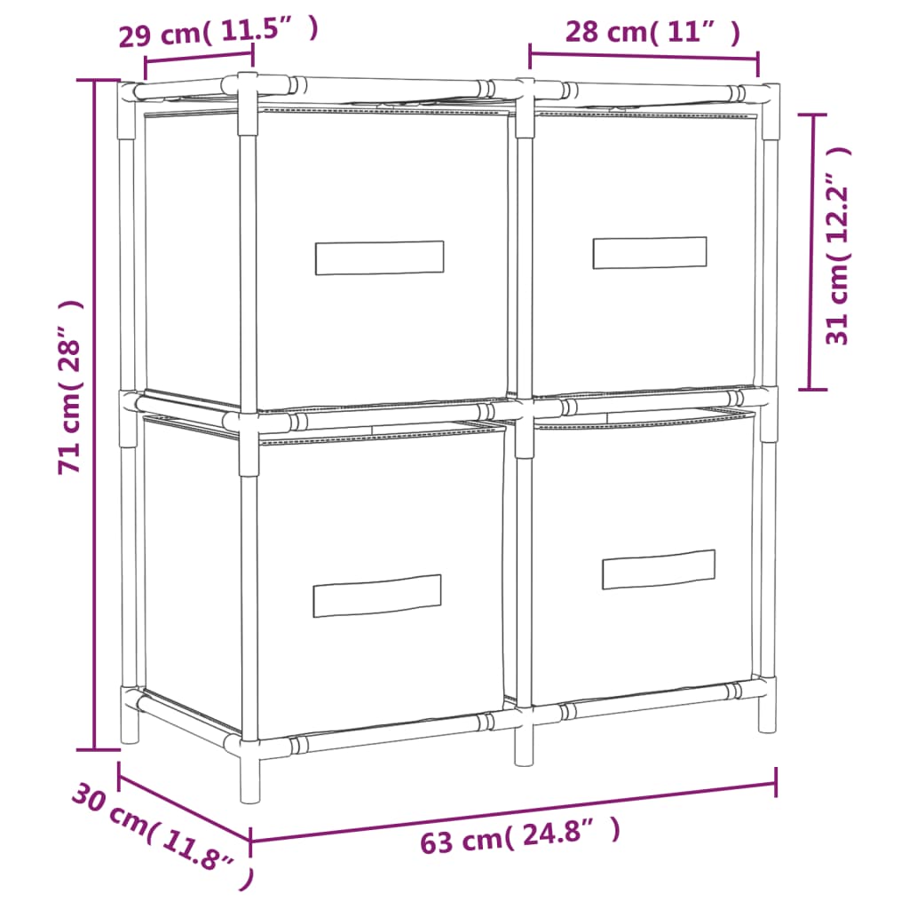 Storage Cabinet with 4 Fabric Baskets Grey 63x30x71 cm Steel